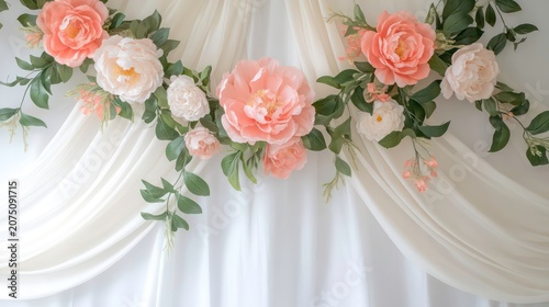 Floral wreath, possibly artificial peony silk flower leaf vine garland, on white drapes. Ideal for wedding decor, home accents, or event backdrops.