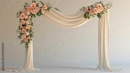 Elegant wedding arch with draped fabric and peach-colored flower arrangements. ideal for ceremony backdrops, event decor, or wedding-themed visuals.