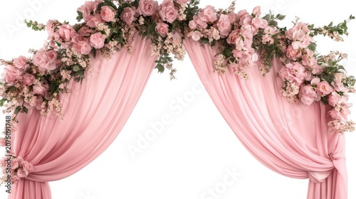 Pink floral wedding arch with matching draped fabric, creating a romantic and elegant backdrop. Ideal for ceremony, reception, or event photography visuals.