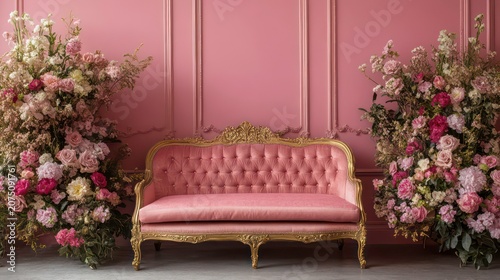 Elegant pink and gold sofa set against a backdrop of pink walls and floral arrangements. Ideal for luxurious interiors, feminine designs, or romantic event settings.