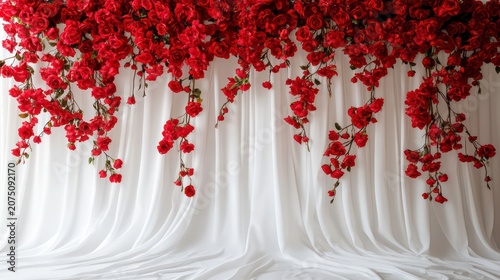 Elegant white fabric backdrop adorned with vibrant red flowers, likely roses. Perfect for weddings, events, photography, or as a decorative background.