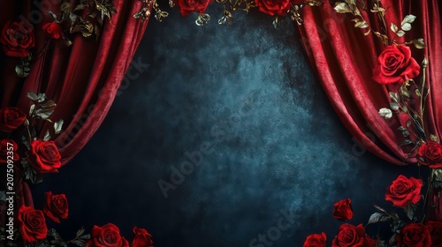 Stage-like setting with red curtains, red roses, and a textured dark backdrop. Ideal for theater, performance, or dramatic event-themed designs.
