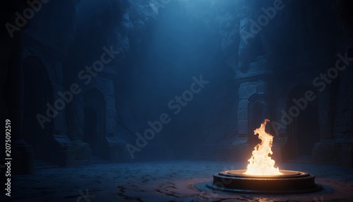 Fantasy Arena with Mystical Fire in Dark Enchanted Environment