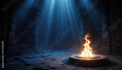 Enigmatic Dark Fantasy Arena with Mystical Flame in Stone Chamber
