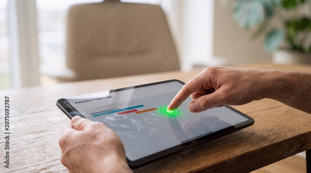 Fototapeta premium Hand pressing button on tablet device to confirm transaction or digital form submission on business dashboard interface with technology business application approval