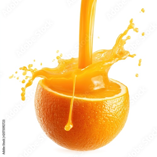 Fresh orange juice splashing from halved orange on white background