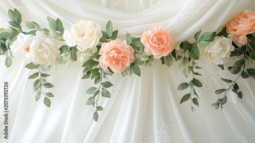 Floral wreath, possibly artificial peony silk flower leaf vine garland, on white drapes. Ideal for wedding decor, home accents, or event backdrops.