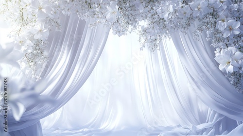 Elegant wedding backdrop with white drapes and floral arrangements. Ideal for event photography, ceremony backdrops, or romantic-themed design projects