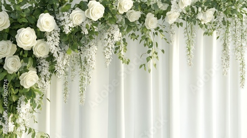 Elegant wedding arch with white roses, greenery, and hanging wisteria, against a white draped backdrop