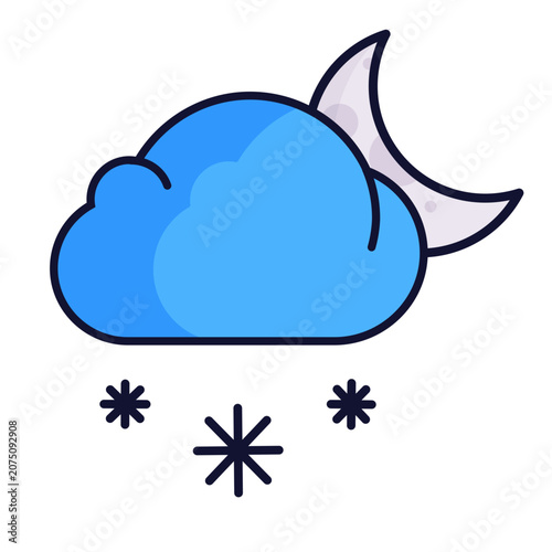 Snowy cloud, moon, weather icon, vector illustration, blue cloud, snowfall