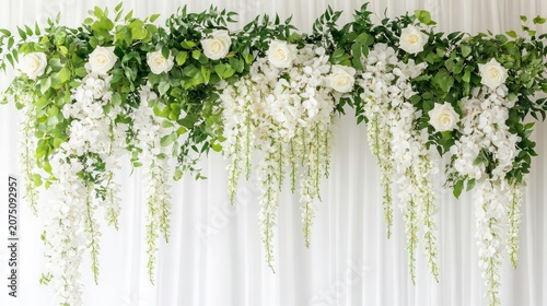 Elegant wedding arch with white roses, greenery, and hanging wisteria, against a white draped backdrop