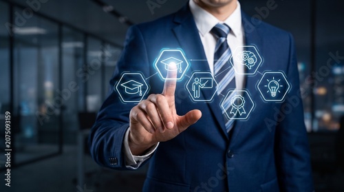 Professional businessman touching digital education icons for e learning development strategies in a modern corporate office environment at night