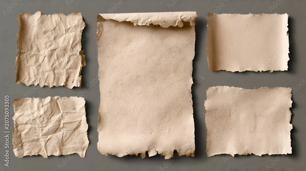 Fototapeta premium Realistic paper texture overlay, grunge rectangle frames with creases and torn edges. Distressed poster template, old folded vintage photo border overlay, retro album cover background vector