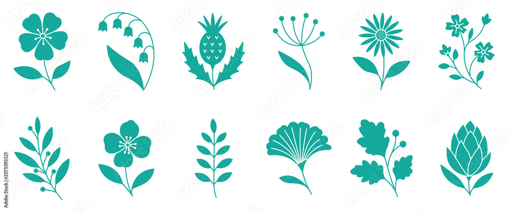 Obraz premium Set of solid teal botanical floral icons, flat spring flowers, plant silhouettes, simple leaves, branches, beautiful nature vector illustration.