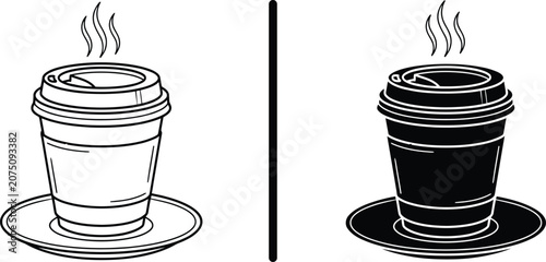 Fotografie Disposable coffee cup with lid and steam vector illustration set isolated