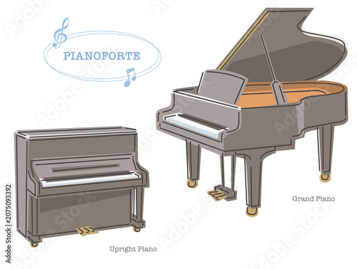 Two types of pianos, grand piano, upright piano. Vector illustration in line drawing, isolated on white background.