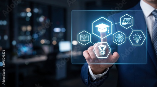Professional businessman interacting with futuristic digital education and e learning interface for corporate training