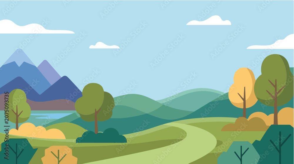 Obraz premium Flat vector illustration of a peaceful countryside landscape with rolling green hills, mountains, trees, winding road, and a clear blue sky.