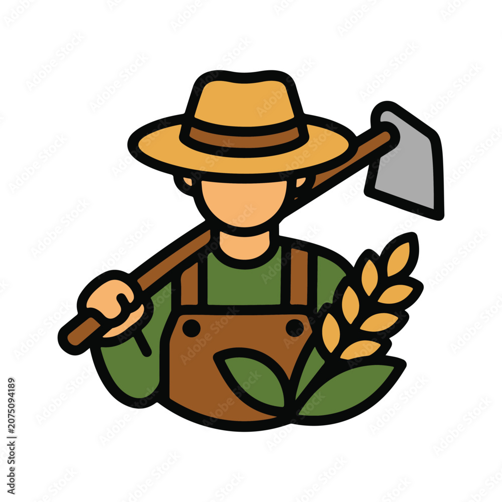 Obraz premium Minimalist farmer character mascot in straw hat and overalls for agriculture branding