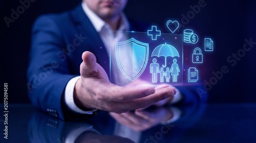 Professional businessman holding digital insurance protection icons representing family health wealth security
