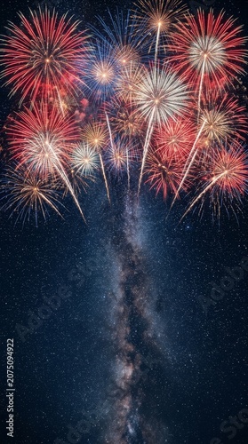 Colorful fireworks light up the starry night sky, evoking a sense of celebration and patriotism.