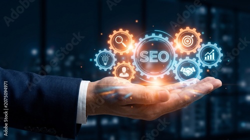 Businessman holding digital seo optimization icons floating above hand for business strategy growth and marketing success in a modern office