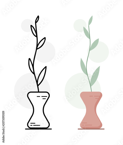 Slender Stem Plant in Hourglass Vase Line Art and Flat Style Set
