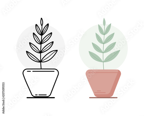 Narrow Leaf Branch Plant in Pot Line Art and Flat Style Set