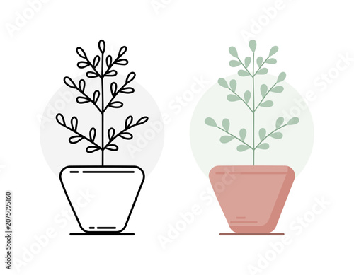 Bushy Botanical Plant in Trapezoid Pot Line Art and Flat Style Set