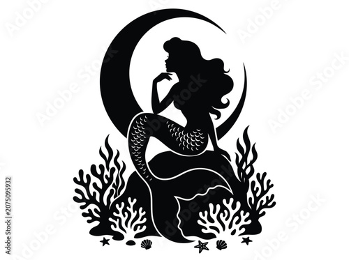 Elegant mermaid silhouette vector, mythical sea creature sitting on a rock with a crescent moon and underwater coral, enchanting fantasy illustration for design projects
