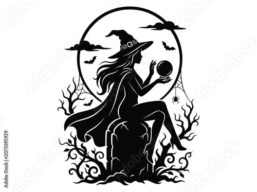 Foto Mystical witch silhouette, enchanting Halloween sorceress with a crystal ball