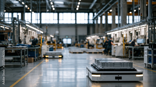 Rain falling on the roof windows of a large EV battery module production hall, workers at precision assembly benches inside unaffected by the weather, automated guided vehicles