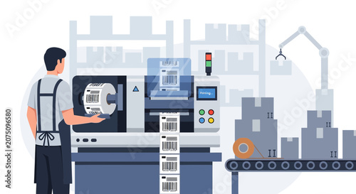 Factory worker operating label printer for product packaging and shipping in warehouse