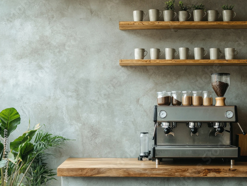 Modern espresso machine, coffee jars, mugs with plants on wooden shelves, and green foliage against a textured concrete wall