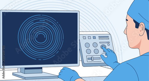 Doctor Inspects MRI Scan Showing Brain Structure on Monitor