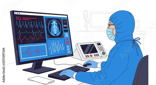 Doctor in PPE analyzing medical scan and vital signs on computer screen