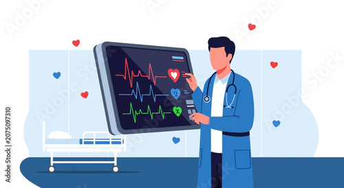 Doctor monitors vital signs on screen, hospital room, cardiology concept
