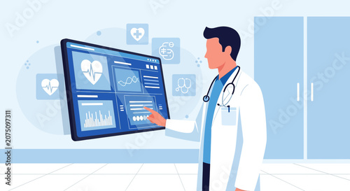 Doctor interacting with modern medical technology screen, healthcare data analysis