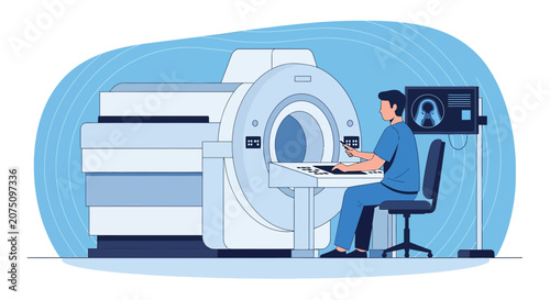 Doctor operating MRI scanner, medical diagnostic equipment, research and healthcare illustration