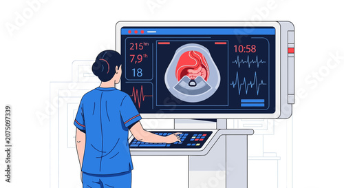 Doctor operating medical scanner during diagnostic examination