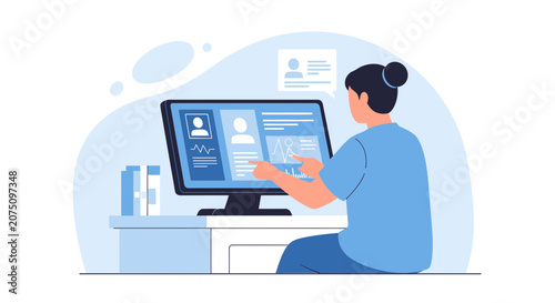 Doctor reviewing patient data on computer screen, medical technology concept