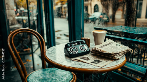 Nostalgic cafe scene: rotary phone, newspapers, and coffee on a marble table by a rainy window overlooking a blurred street