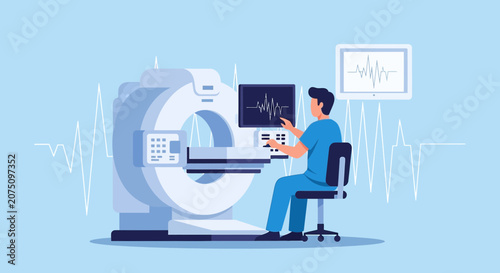 Doctor operating MRI scanner, medical equipment, healthcare technology illustration