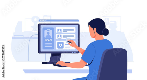Doctor using computer for patient record scanning and data entry in clinic