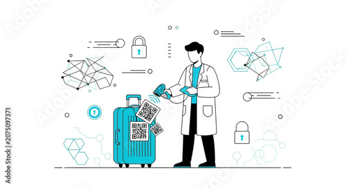 Doctor scanning QR code on luggage with futuristic technology background