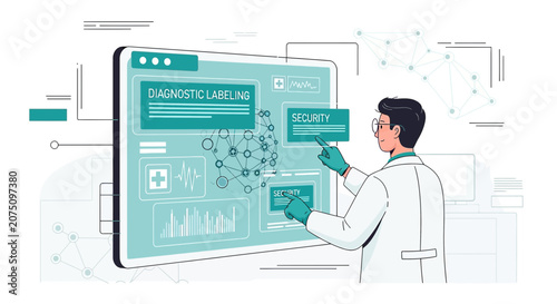 Doctor working with medical data on digital screen, healthcare technology, AI diagnosis
