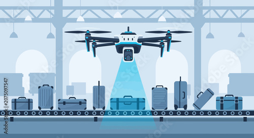 Drone Scanning Luggage on Airport Conveyor Belt, Aviation Technology