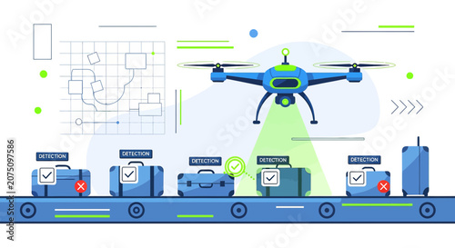 Drone scanning luggage on conveyor belt, intelligent automation, airport baggage check