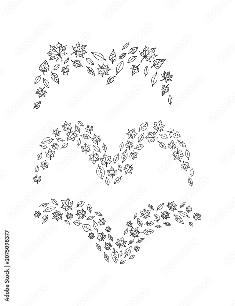 Fototapeta premium Three of autumn leaf arrangements, black line style, arranged in chevron shapes, isolated on a white background, for seasonal also, transparent background