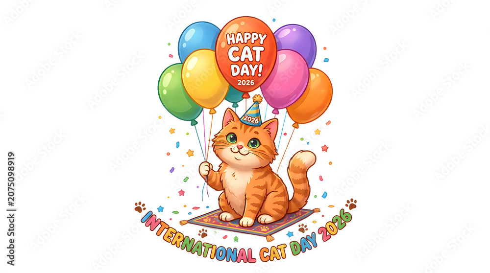 Fototapeta premium Cute Cat with Balloons Happy Cat Day Celebration Illustration